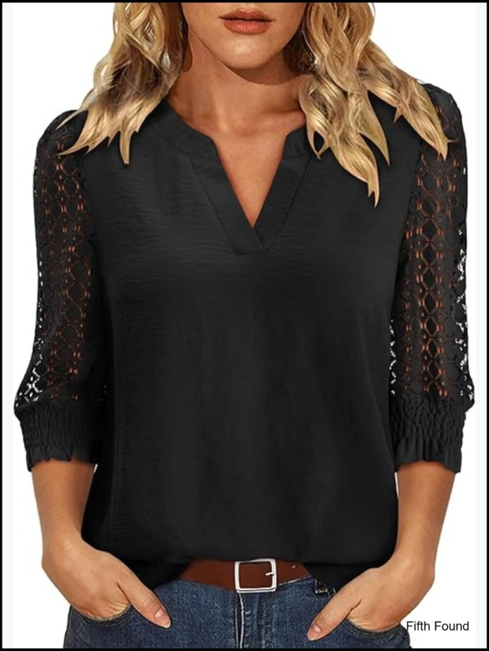Lace Sleeve Blouse V-Neck 3/4 Sleeve Lightweight Tunic Top Dressy Casual